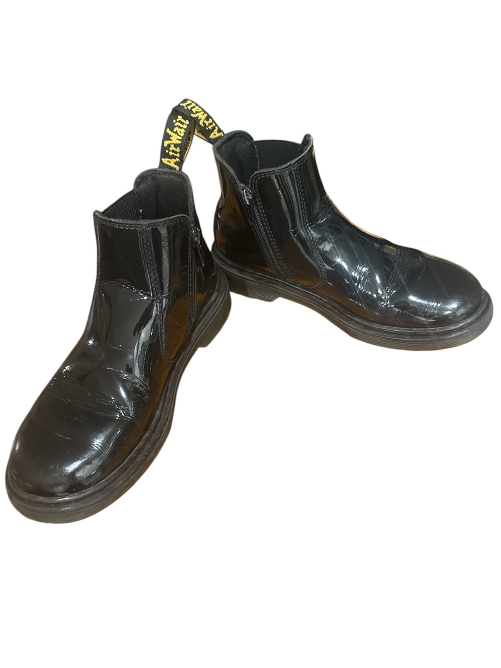 Dr. Martens Kids Black Patent Chelsea Boots with Yellow Heel Loop